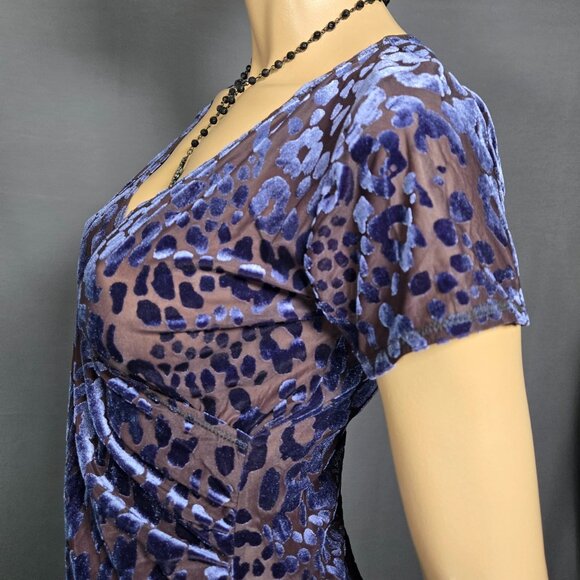 Y2K Blue Leopard Flocked Velvet Burnout Sheer Mesh Top Size M V Neck - Picture 5 of 11